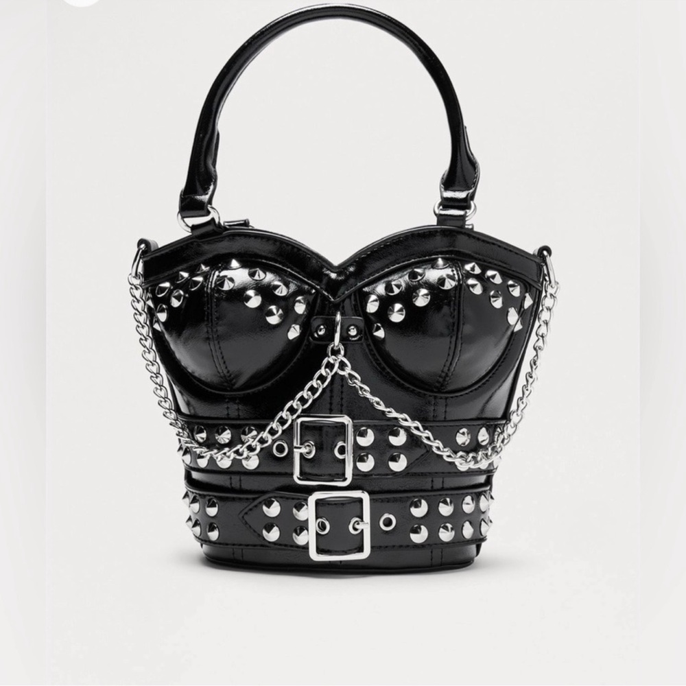 Fashion Nova Heart Throb Black Studded Corset Chain-Accent Shoulder Bag w/ Chain - Picture 12 of 13